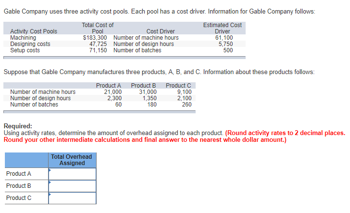  Gable Company uses three activity cost pools. Each pool has a