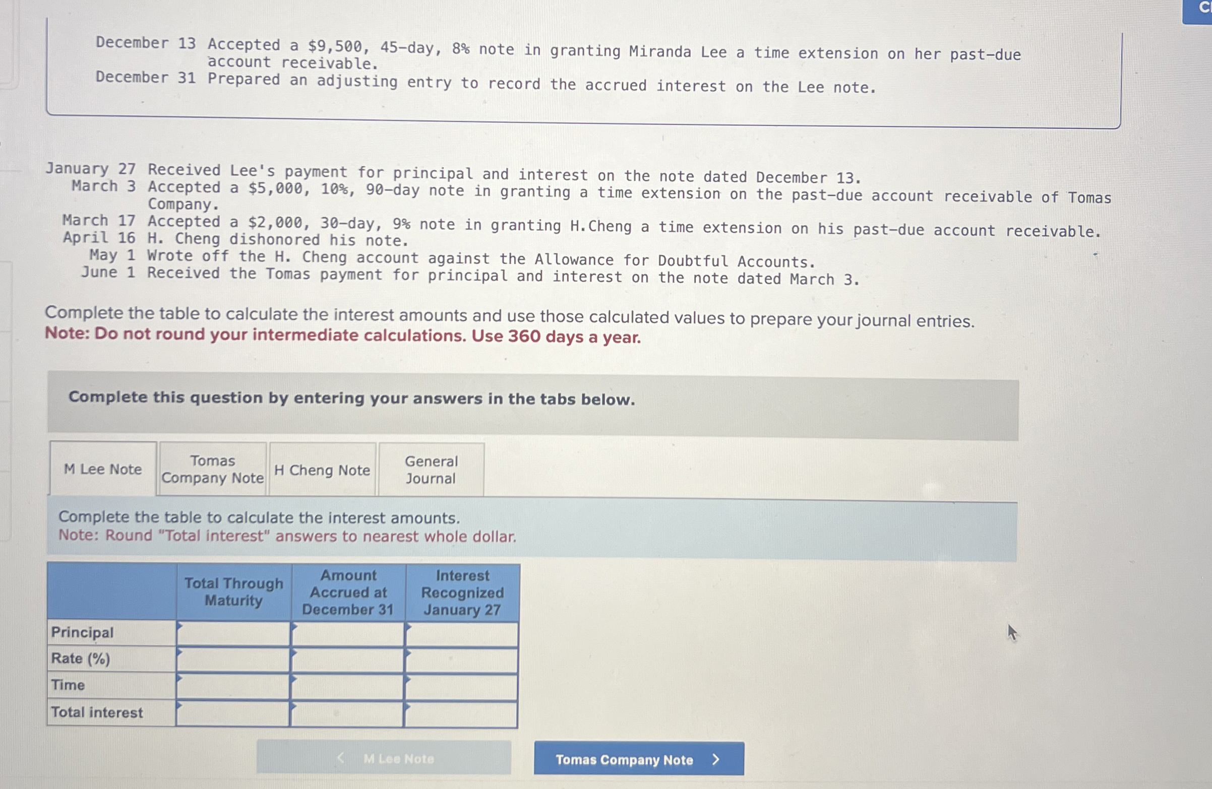  December 13 Accepted a $9,500,45-day, 8% note in granting Miranda Lee