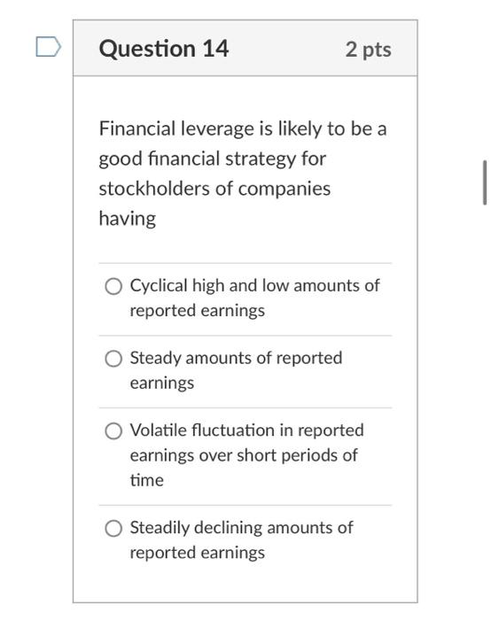  Question 14 2 pts Financial leverage is likely to be a