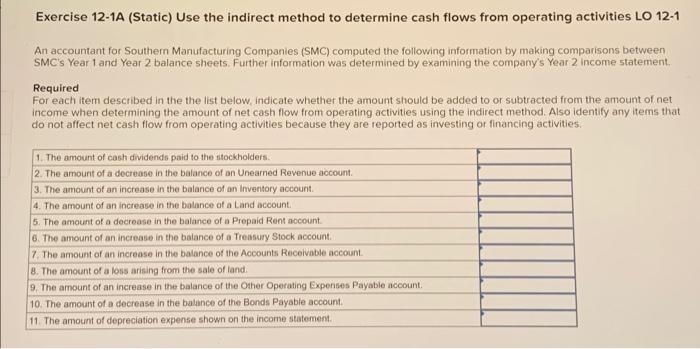  Exercise 12-1A (Static) Use the indirect method to determine cash flows