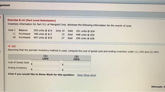  gnment Exercise 8-10 (Part Level Submission) Inventory information for Part 311