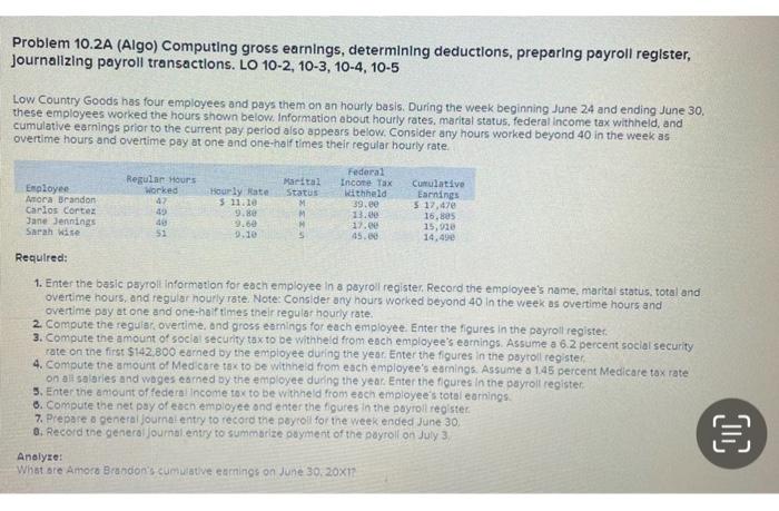  Problem 10.2A (Algo) Computing gross earnings, determining deductions, preparing payroll register,