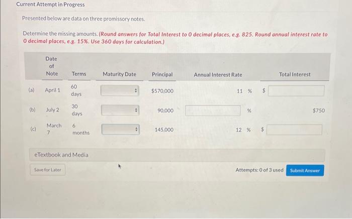 what are the missing accounts Presented below are data on three promissory