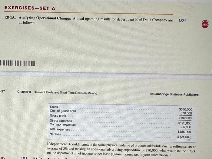 E8-1A E8-1A. Analyzing Operational Changes Annual operating results for department B of