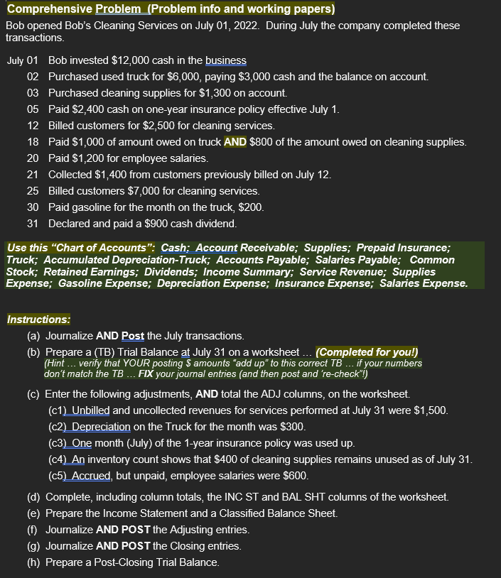  Comprehensive Problem (Problem info and working papers) Bob opened Bob's Cleaning