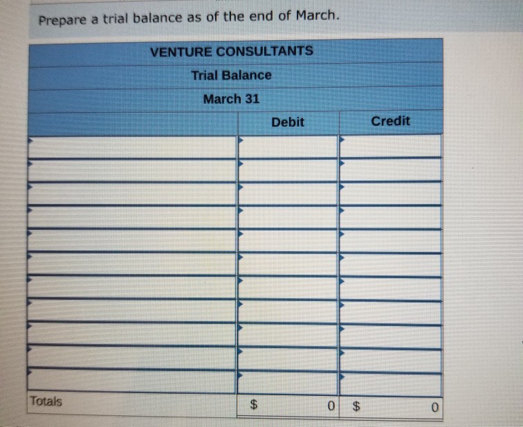 business called Venture Consultants and completes the following transactions in March. rooks