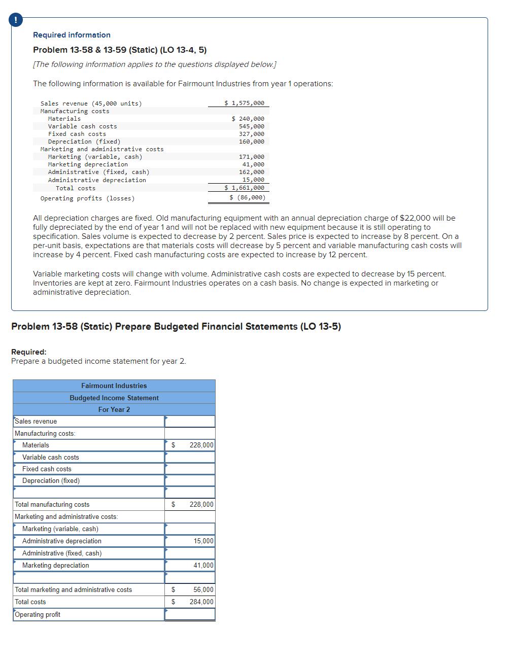  Required information Problem 13-58 \& 13-59 (Static) (LO 13-4, 5) [The