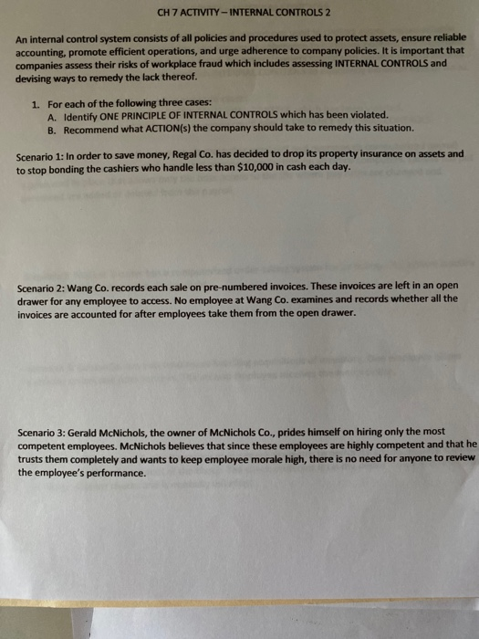  CH 7 ACTIVITY - INTERNAL CONTROLS 2 An internal control system