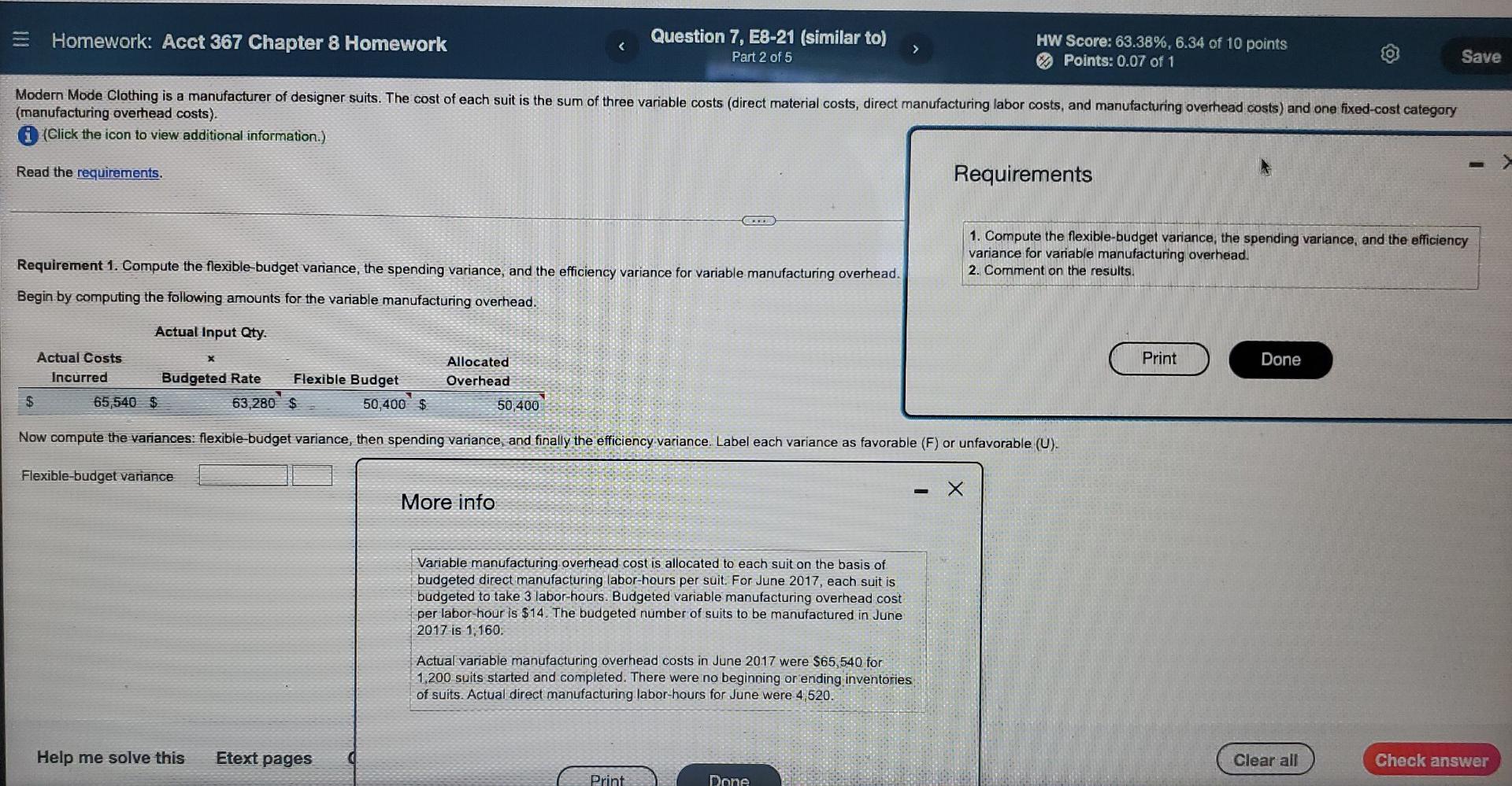 I need help with computing flexible-budget variance, spending variance, and efficiency