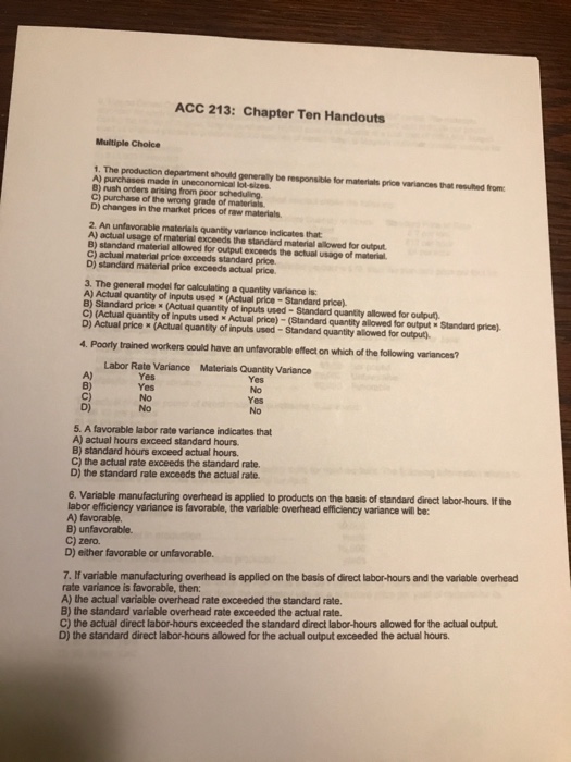  ACC 213: Chapter Ten Handouts Multiple Choice 1. The production department