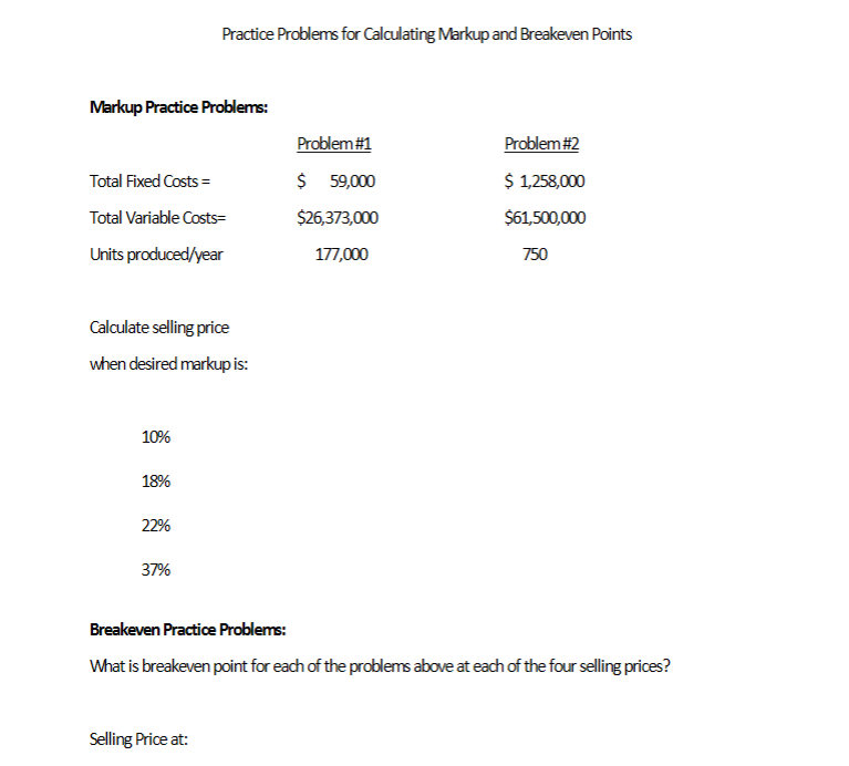 Practice Problems for Calculating Markup and Breakeven Points Markup Practice Problems: