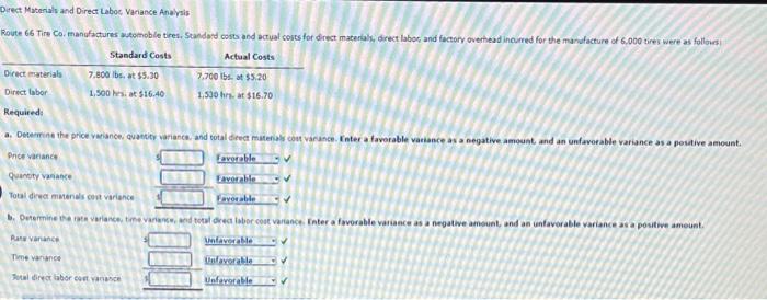  liect Materials and Direct Laboc, Variance Analyis