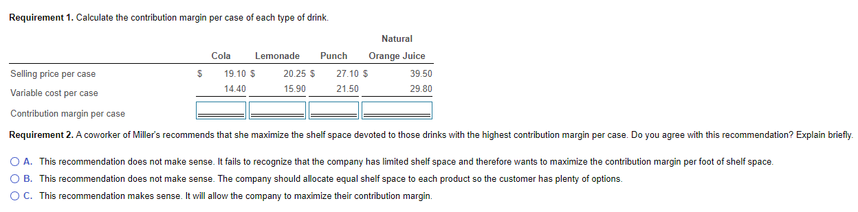 is deciding how much refrigerator space to devote to four different drinks.