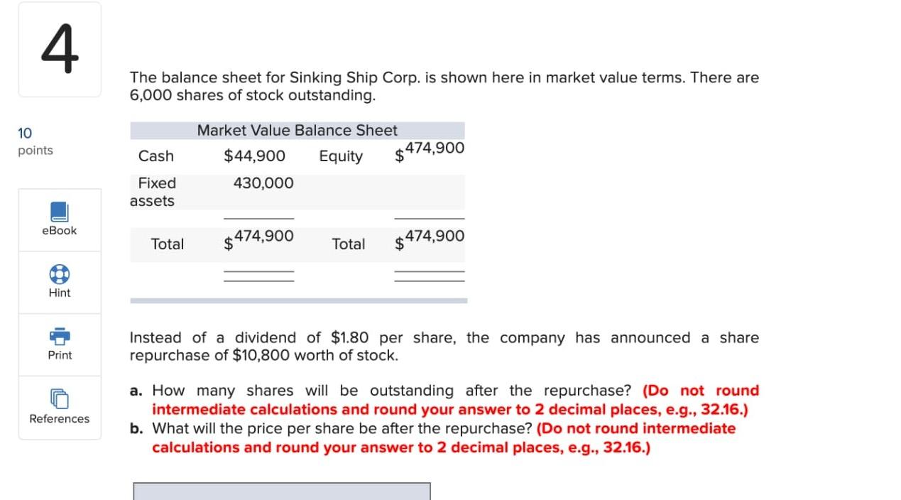 Sinking Ship Corp. is shown here in market value terms. There are