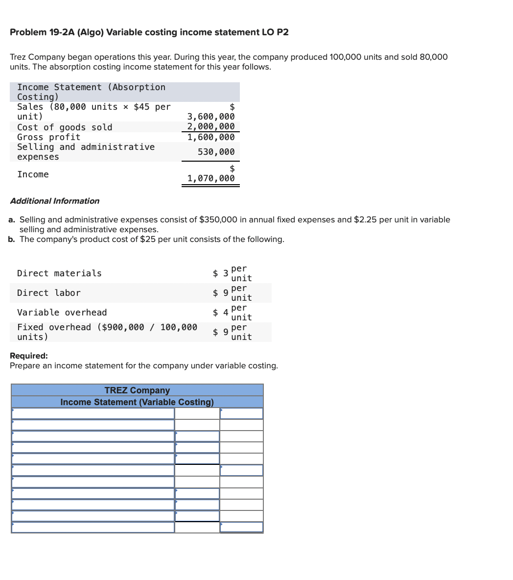Problem 19-2A (Algo) Variable costing income statement LO P2 Trez Company