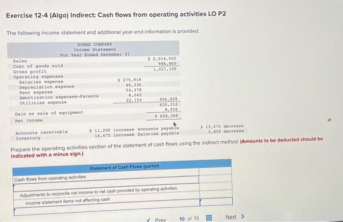  Exercise 12-4 (Algo) Indirect: Cash flows from operating activities LO P2