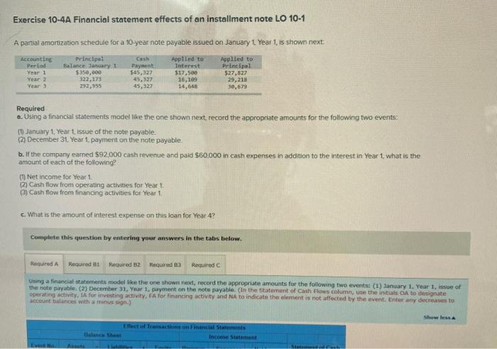  Exercise 10-4A Financial statement effects of an installment note LO 10-1