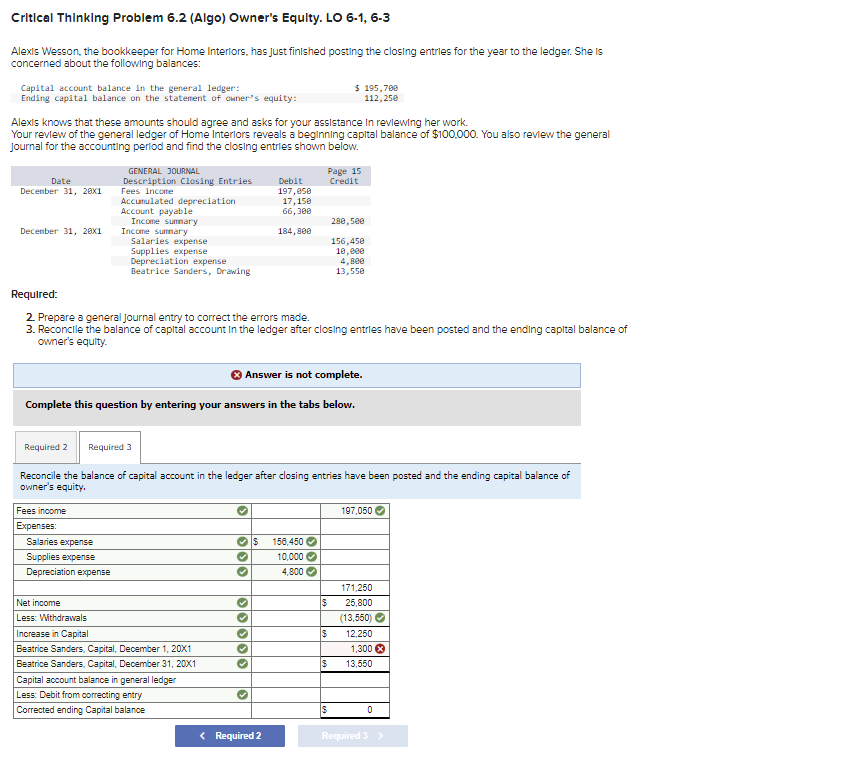  Critical Thinking Problem 6.2 (Algo) Owner's Equlty. LO 6.1, 6.3 Alexis