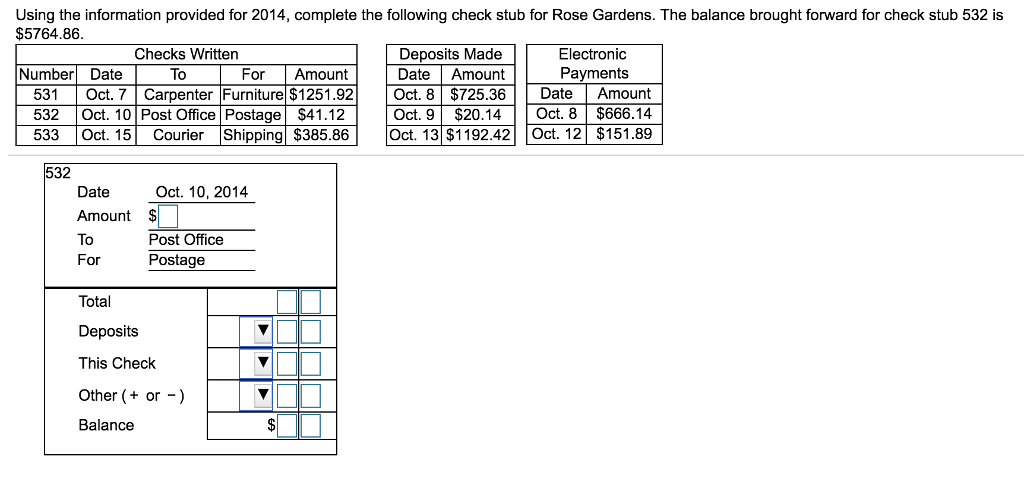  Using the information provided for 2014, complete the following check stub