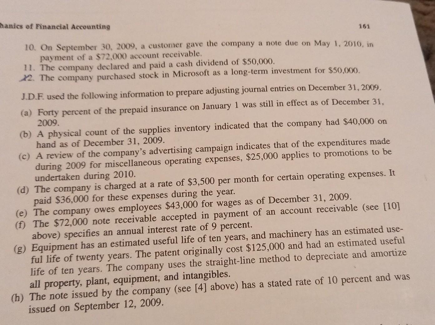equation A=L+C During 2009 , J.D.F. entered into the following transactions. 1.