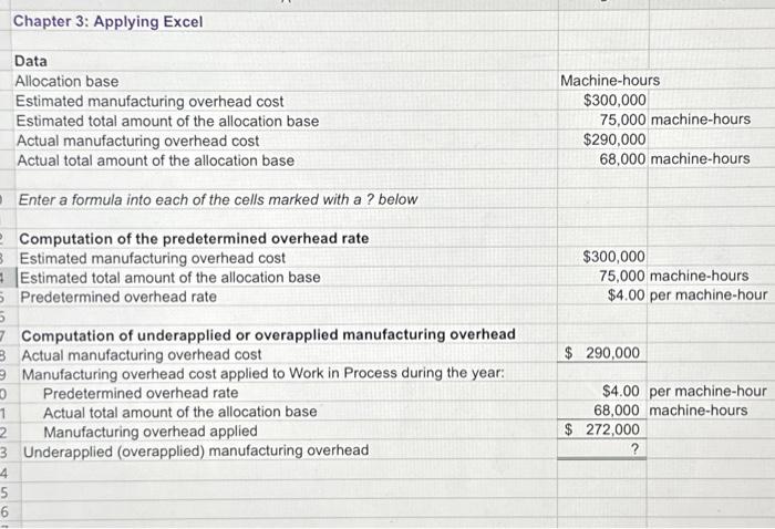  Chapter 3: Applying Excel Data Allocation base Estimated manufacturing overhead cost