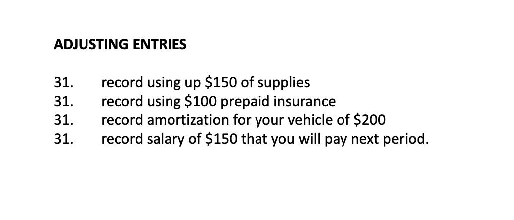 Owners Equity. Assets Cash..... $ 10,000 Supplies... 1,000 Vehicle.. 12,000 Less: Acc.