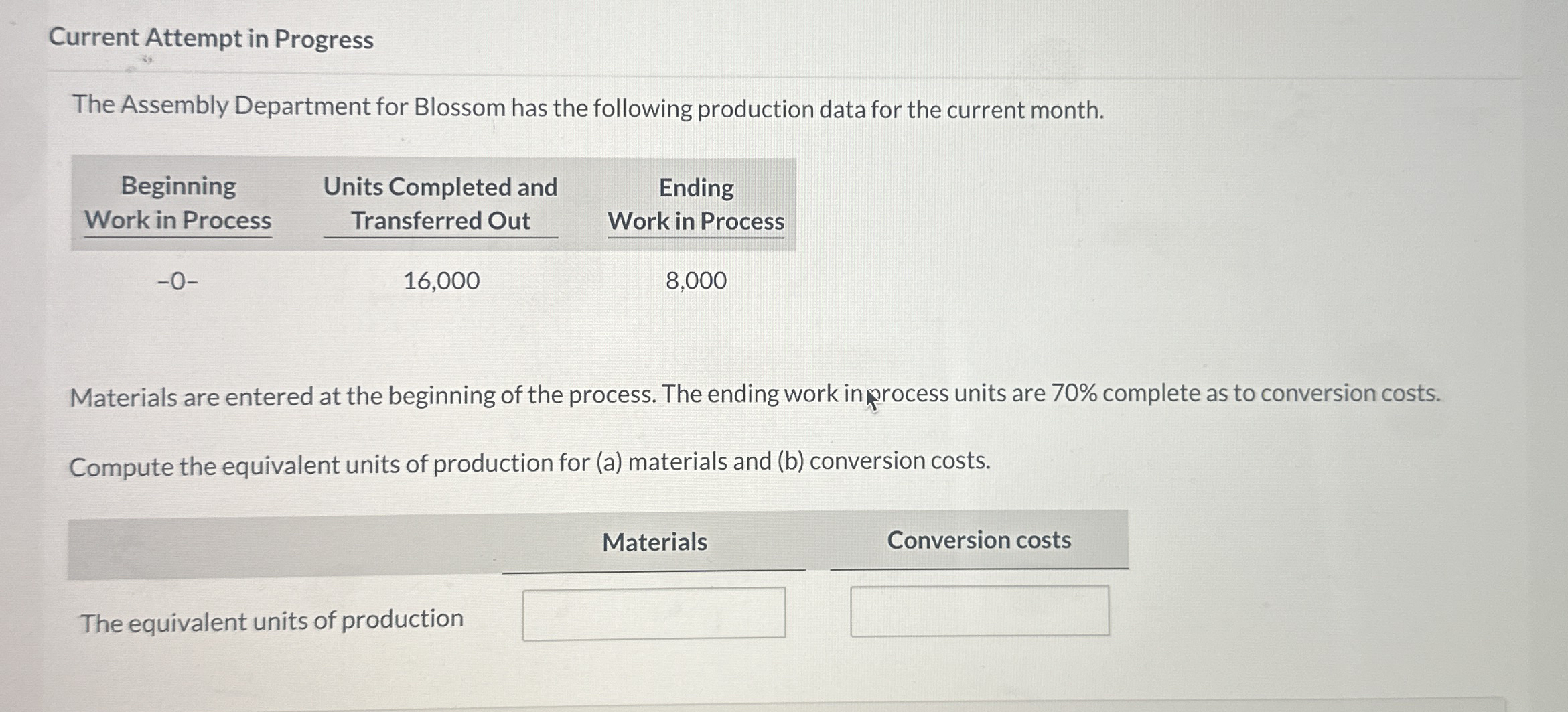  Current Attempt in Progress The Assembly Department for Blossom has the