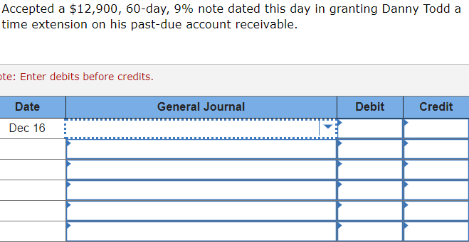 16 Accepted a $12,900, 60-day, 9% note dated this day in granting