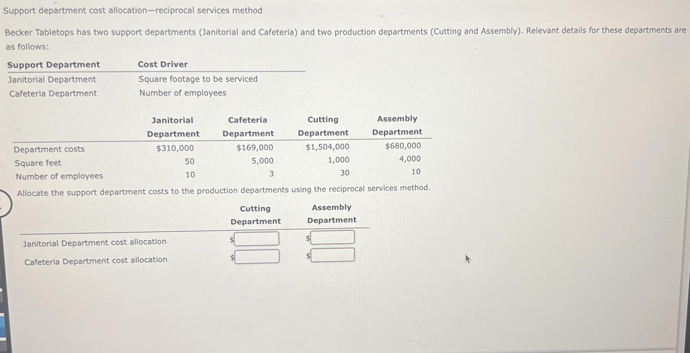  Support department cost allocation-reciprocal services method Becker Tabletops has two support