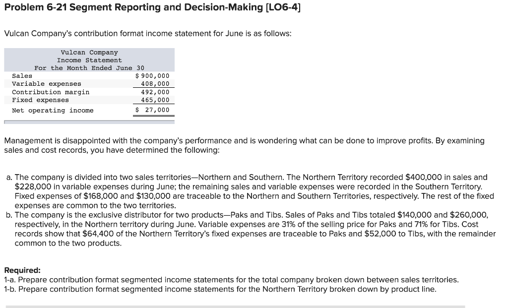 Help Solve. Please Provide the %!!!! Problem 6-21 Segment Reporting and Decision-Making