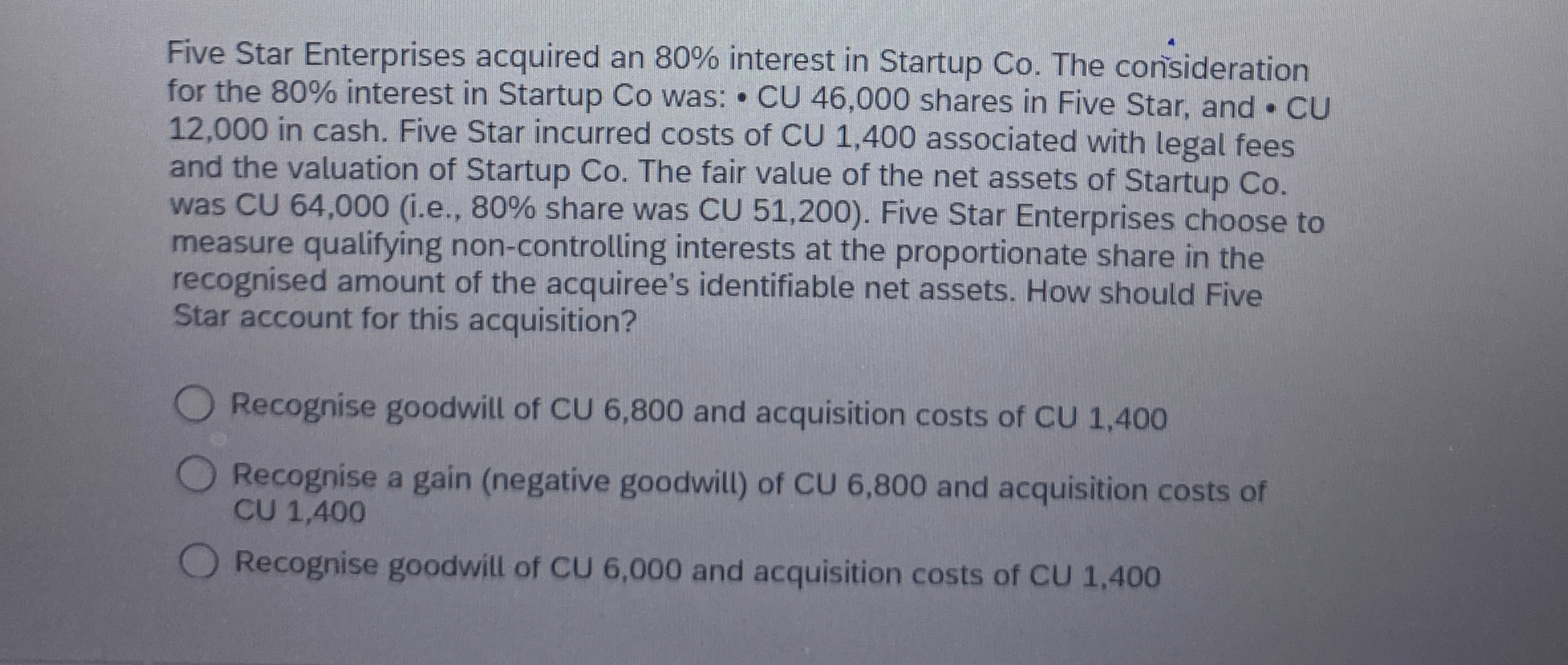  Five Star Enterprises acquired an 80% interest in Startup Co. The