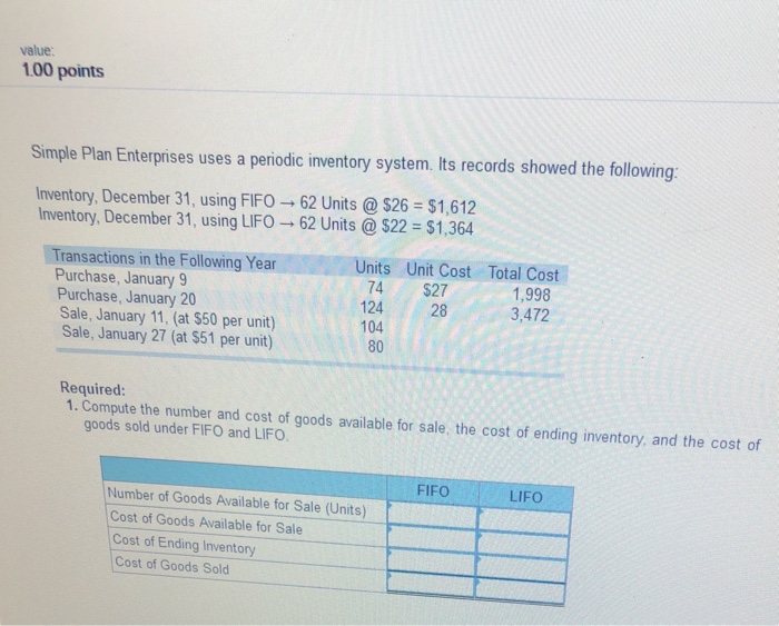  value: 100 points Simple Plan Enterprises uses a periodic inventory system.