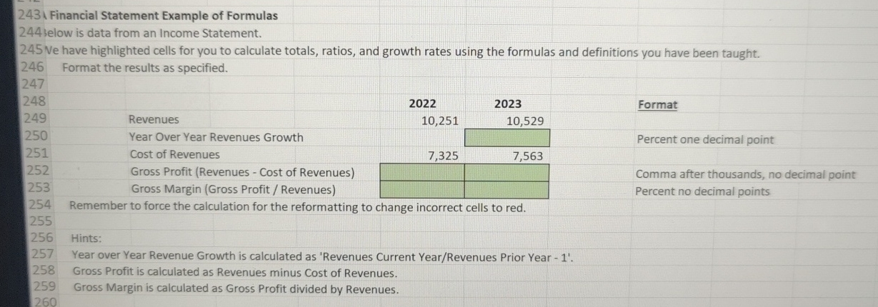  2431 Financial Statement Example of Formulas 244 selow is data from