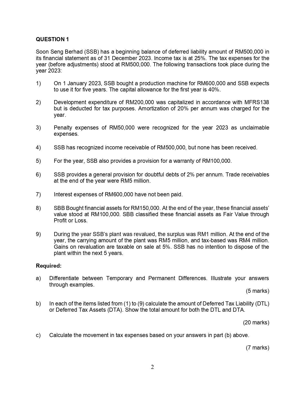  QUESTION 1 Soon Seng Berhad (SSB) has a beginning balance of