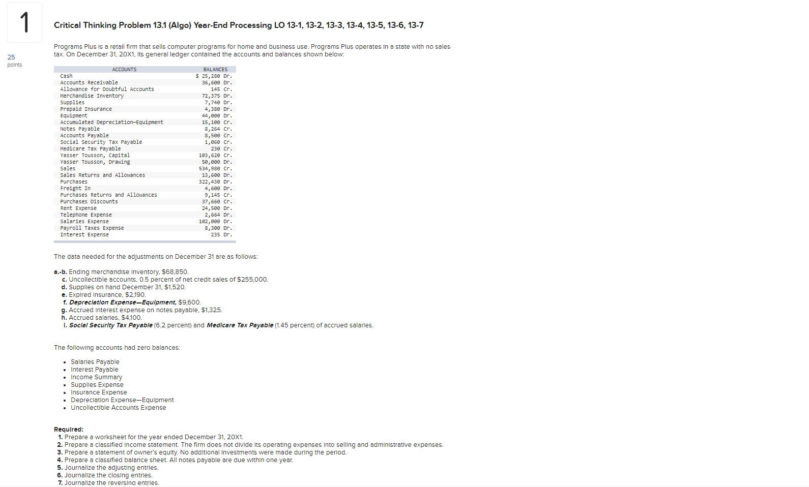Critical Thinking Problem 13.1 (Algo) Year-End Processing LO 13-1, 13-2, 13-3,