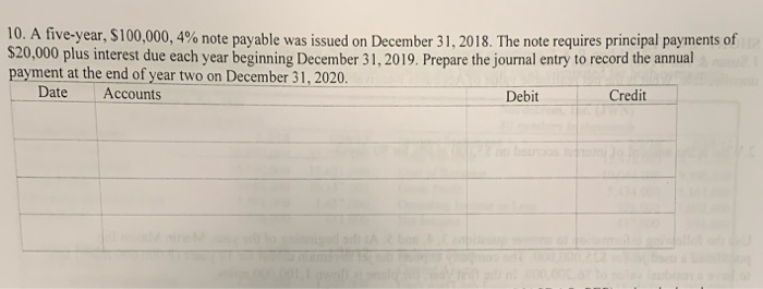  10. A five-year, $100,000,4% note payable was issued on December 31,