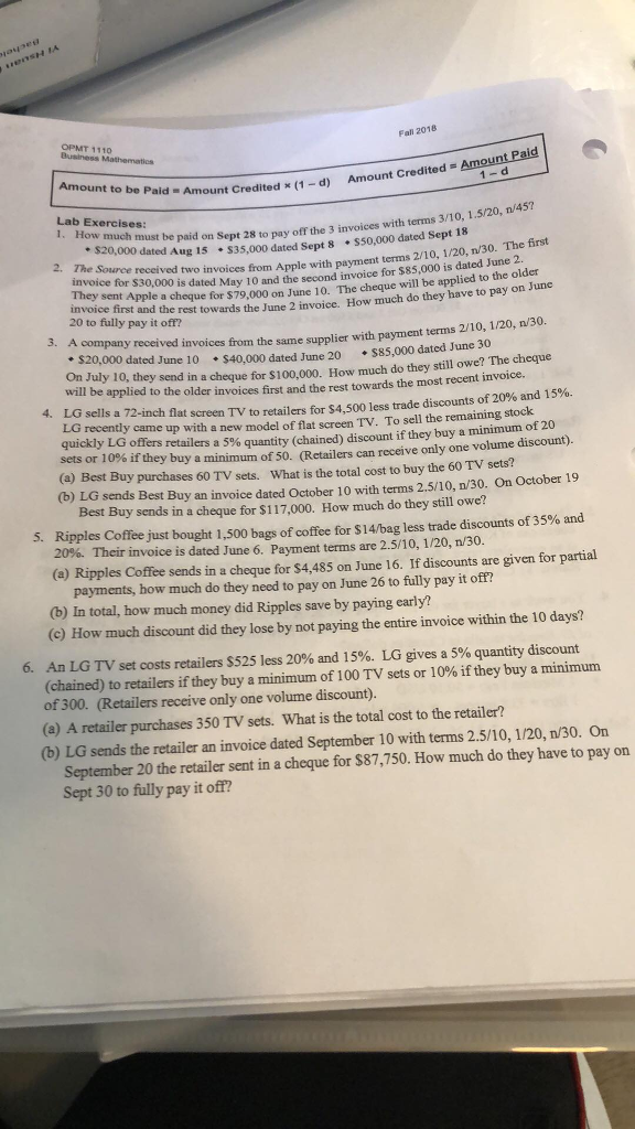  dd Need help with question 2 OPMT 1110 Fall 201B Amount