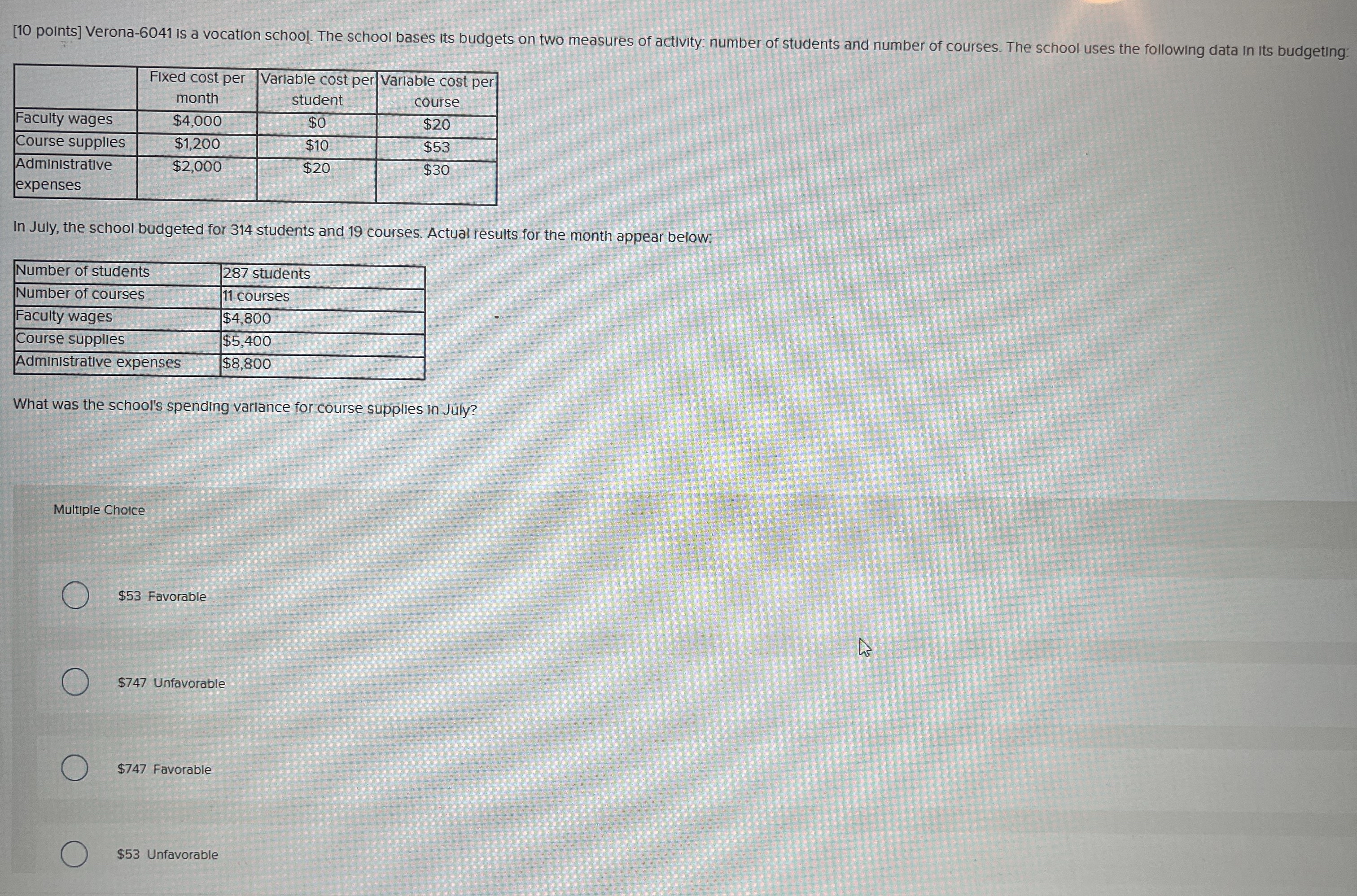  [10 points] Verona-6041 is a vocation school. The school bases its