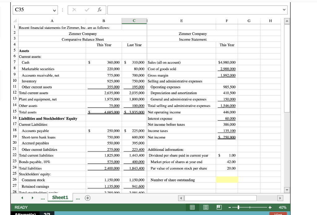 *PLEASE POST EXCEL FORMULAS** Zimmer, Inc. has provided its recent financial statements.