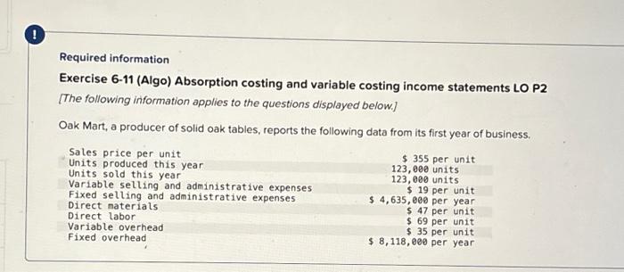  1. Prepare the current-year income statement using variable costing. Required information