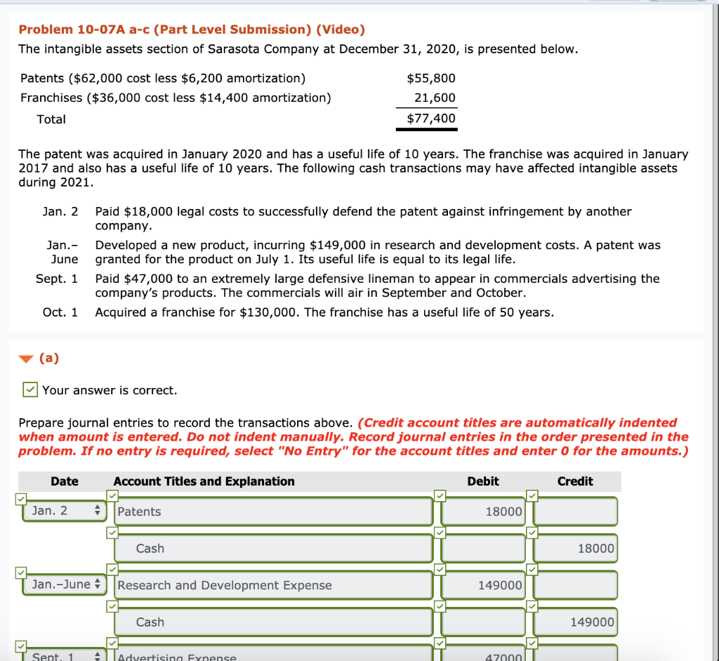 Problem 10-07A a-c (Part Level Submission) (Video) The intangible assets section