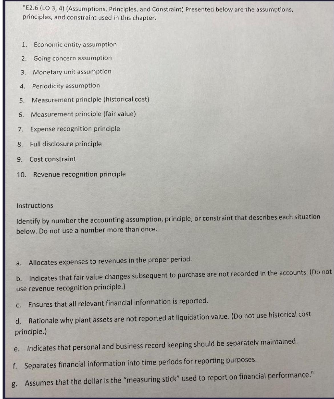  I need a letter for each number please help asap!!"E2.6(LO 3,4)(Assumptions,
