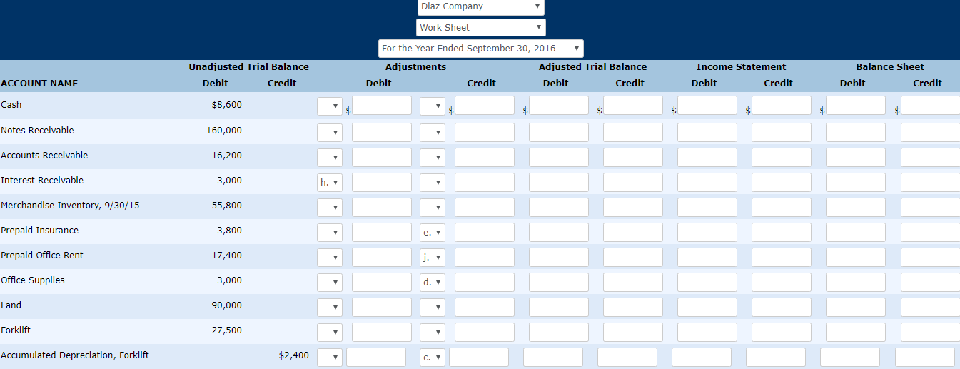 Diaz Company were as follows: a. Merchandise Inventory taken on September 30