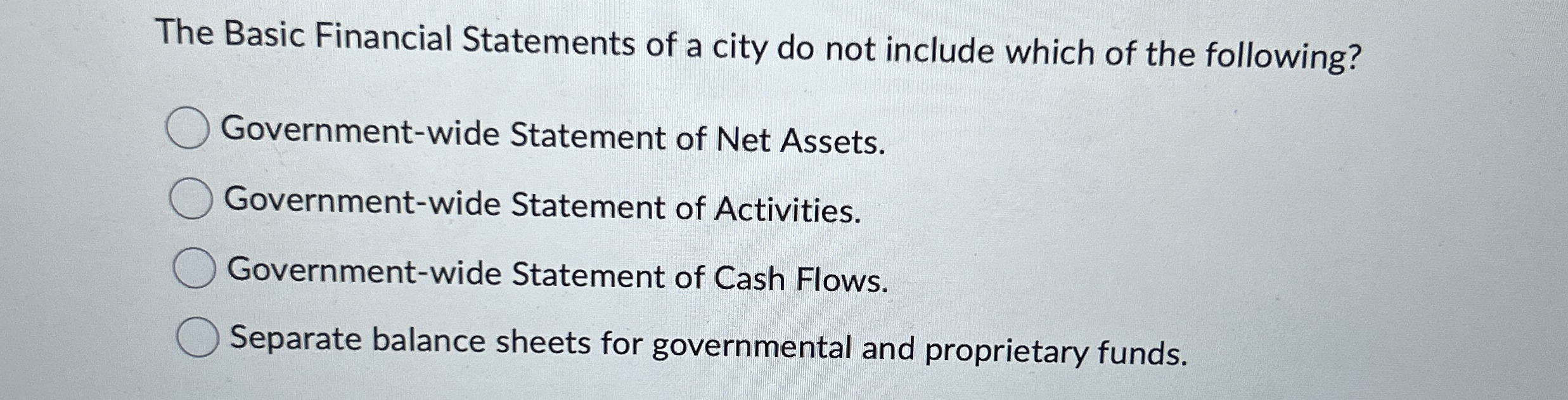  The Basic Financial Statements of a city do not include which