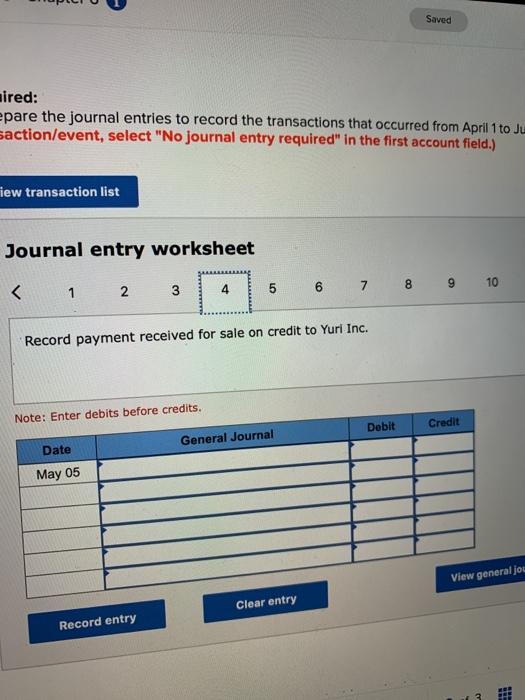 38 nachines. April 30: Sold 57 machines to Yuri Inc. on credit.