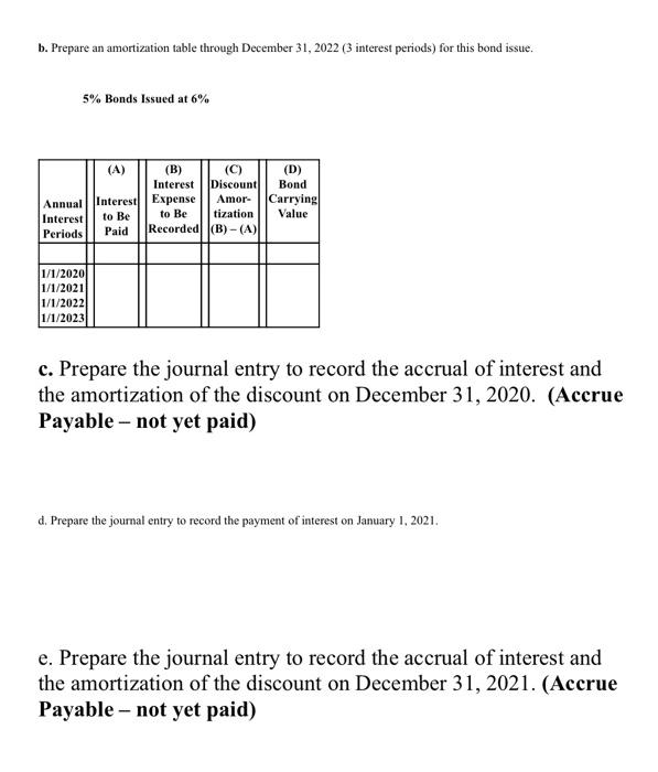  b. Prepare an amortization table through December 31,2022 ( 3 interest