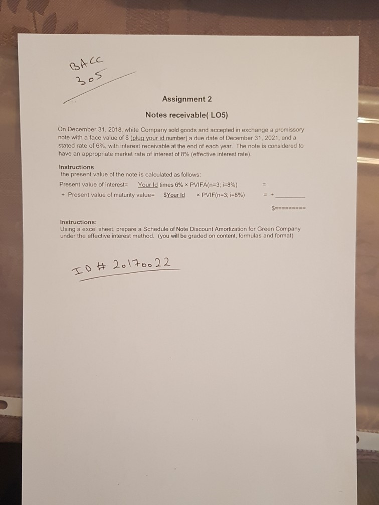 BACC Assignment 2 Notes receivable( LO5) On December 31, 2018, white