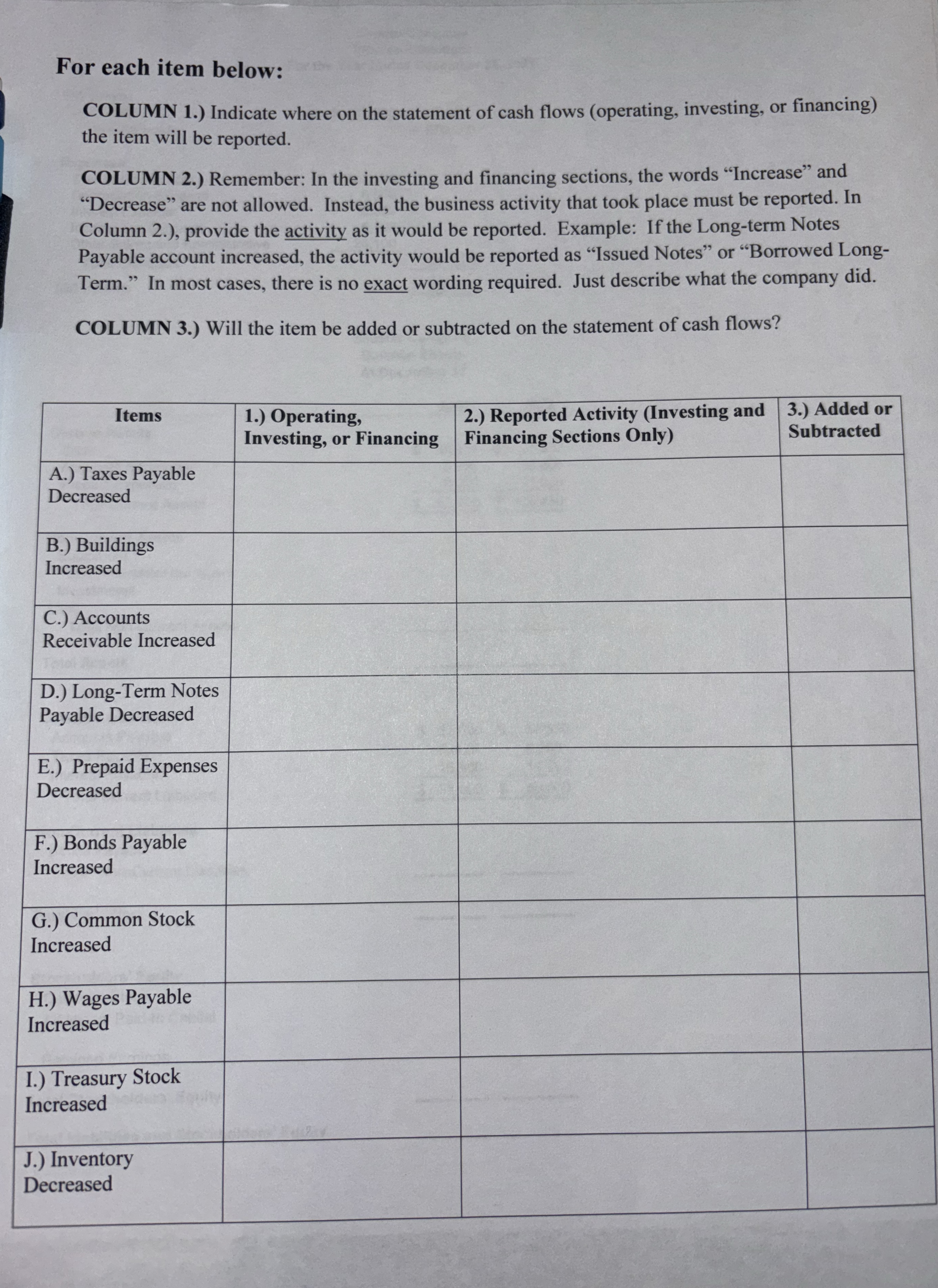  For each item below: COLUMN 1.) Indicate where on the statement