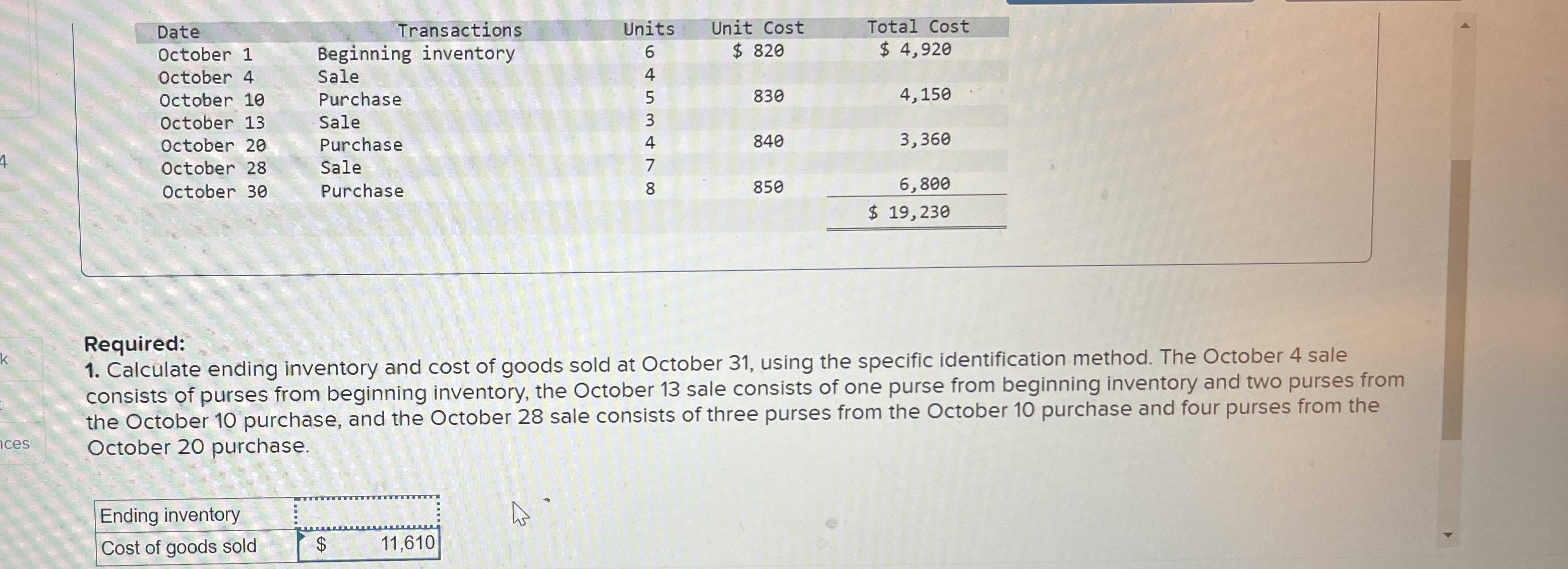  \table[[Date,Transactions,Units,Unit Cost,Total Cost],[October 1,Beginning inventory,6,$820,$4,920 