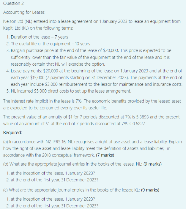  Question 2 Accounting for Leases Nelson Ltd (NL) entered into a